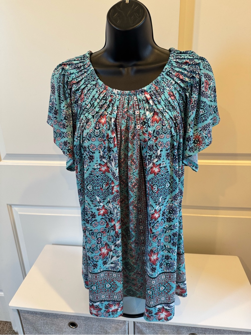 Style & Co. Aqua Floral Gathered Scoop-Neck Tunic